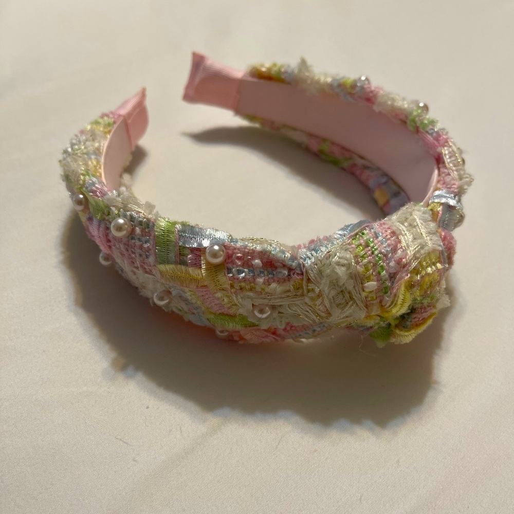 Knotted Headband Pastel Tweed with Pearl Accents